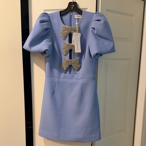 Rebecca Vallance Dresses & Skirts - Rebecca Vallance Powder Blue Puff-Sleeve Mini Dress with Crystal Bow Accents
